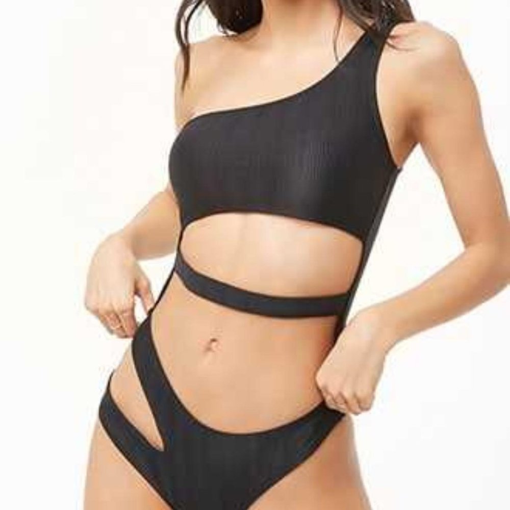 ribbed asymmetrical strappy one piece